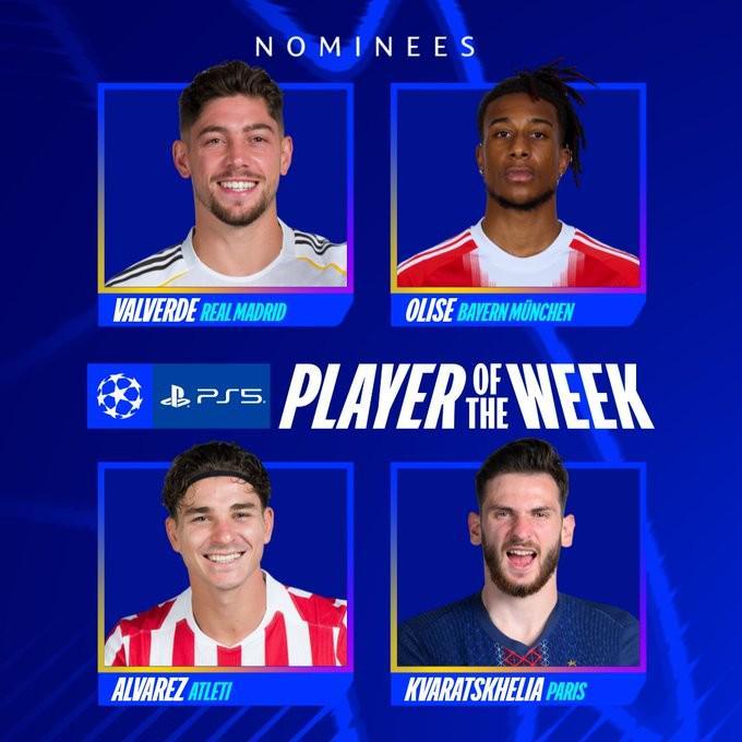 开云APP下载-欧冠周最佳球员候选：巴尔韦德、奥利塞、小蜘蛛、KK7入选